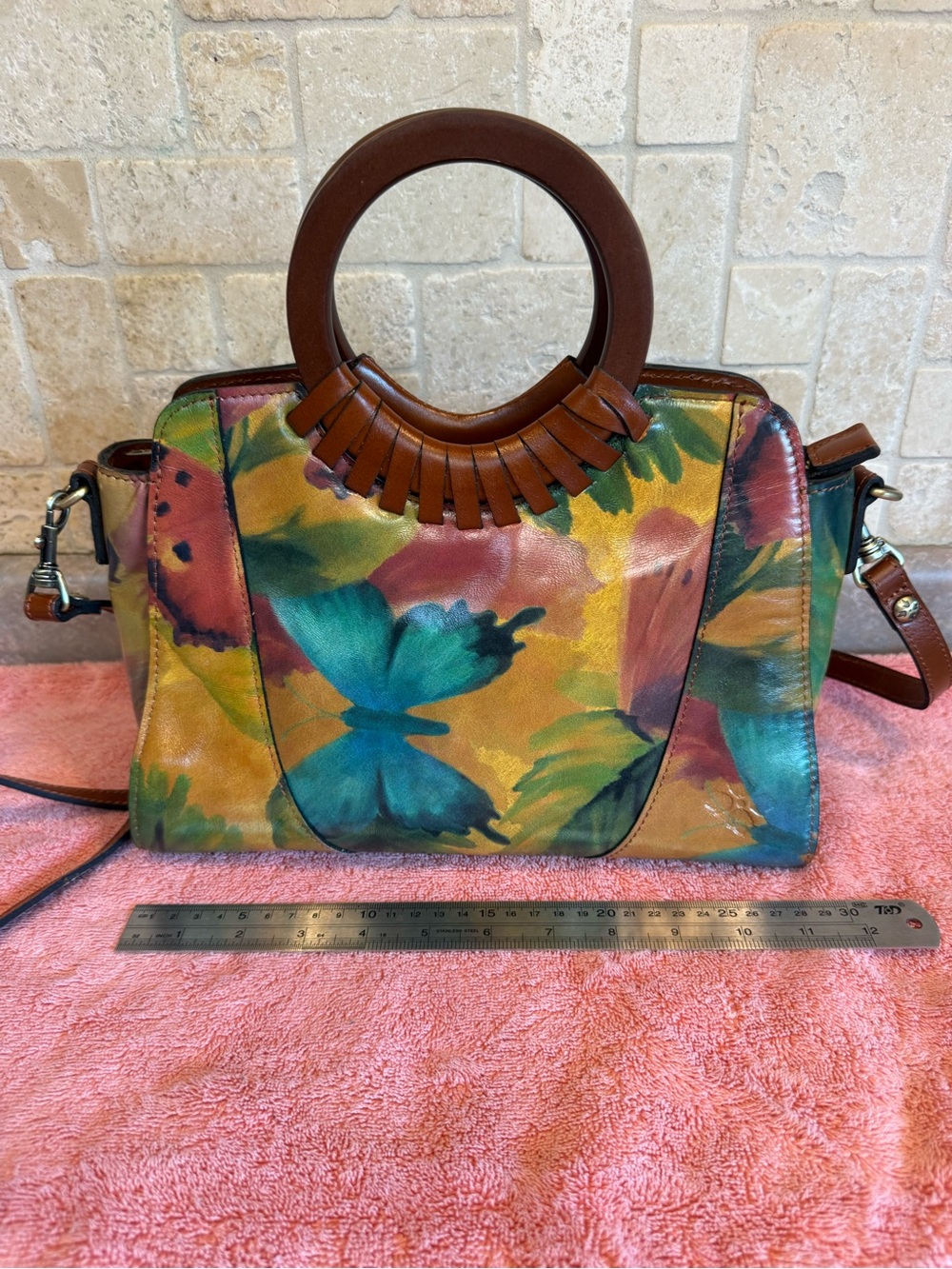 Multicolor Floral Leather Satchel with Brown Circular Handles